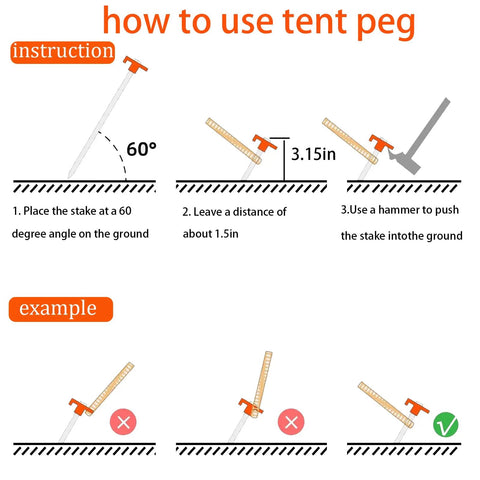 Instruction on using 10 Pack 8 Inch Heavy Duty Screw In Tent Stakes Drill In Non Rust Ground Anchor Pegs with angle and spacing