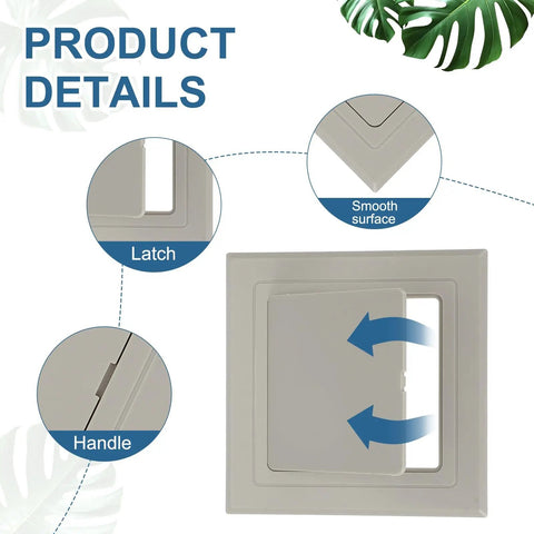 Straight Up Durable Two Pack Self Adhesive Access Panels For Drywall Walls Easy Peel Off Setup Abs Hole Covers For Plumbing Pipes And Electrical Wiring Light Grey detailed view showing latch and handle.