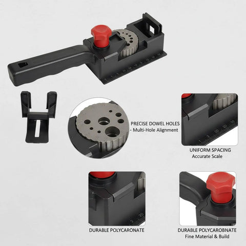 Rock Solid Woodworking Drill Guide Jig For Dead On Accurate Dowel Holes And No Sweat Furniture Assembly With Ten Polycarbonate Alignment Slots for easy alignment.