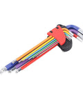 Solid Multi Color Hex Wrench Set With Long Arms For Tight Spots, CR V Steel Heavy Duty 9 Piece Key Kit Perfect For DIY Repairs And Garage Projects, angled view
