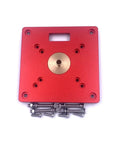 No Sweat Fit Aluminum Alloy Router Table Insert Bushings with precision alignment, red plate with screws for trim routers.