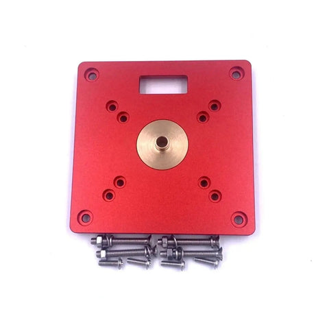 No Sweat Fit Aluminum Alloy Router Table Insert Bushings with precision alignment, red plate with screws for trim routers.
