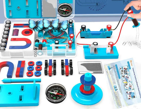 Hands On Magnet And Electricity Science Kit For Kids And Students Kid Friendly STEM Set with circuits and magnets displayed