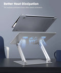 Go To Adjustable Aluminum Laptop Stand For Desk holding a laptop, showing ventilation feature, on an office desk.
