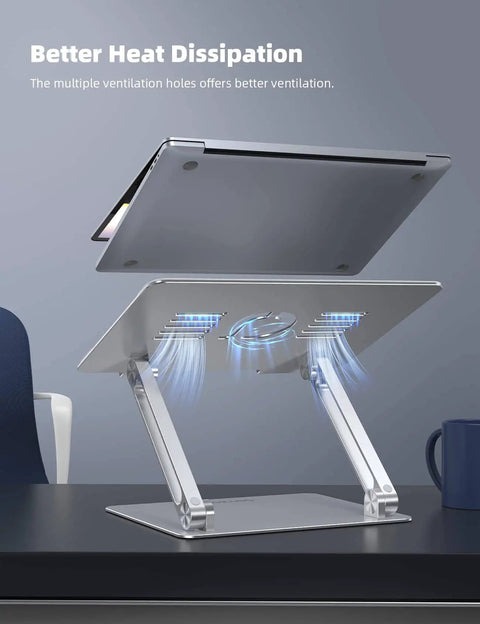 Go To Adjustable Aluminum Laptop Stand For Desk holding a laptop, showing ventilation feature, on an office desk.