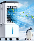 Rapid Cool Portable Evaporative AC Unit with penguin graphic, removable 2.6 gallon water tank, wheels, and icy breeze design