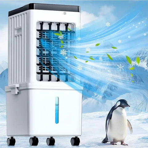 Rapid Cool Portable Evaporative AC Unit with penguin graphic, removable 2.6 gallon water tank, wheels, and icy breeze design