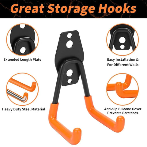Heavy Duty Garage Hooks Set 20 Pack Wall Mount Utility Hangers For Organization Tool And Ladder Storage Orange With Mounting Screws Space Saving Garage Wall Mounts shown with silicone cover and steel material.