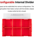 Open red tool box showing configurable internal dividers and grid pattern in lid, compatible with Black Mini Stacking Tool Box With Dividers 3-Piece Set For Small Parts And Accessories, L-BOXX Mini System Compatible, Stackable Tool Organizer Boxes For Home, Shop, And Garage.