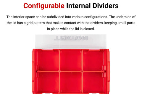 Open red tool box showing configurable internal dividers and grid pattern in lid, compatible with Black Mini Stacking Tool Box With Dividers 3-Piece Set For Small Parts And Accessories, L-BOXX Mini System Compatible, Stackable Tool Organizer Boxes For Home, Shop, And Garage.