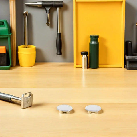 2 Pack Fire Sprinkler Cover Plates Flush Ceiling Finish No Fuss Snap Install Winter Guard on wooden table with tools.