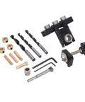Image of a 3 In 1 Doweling Jig Kit With Anodized Aluminum Body And Brass Limit Block, Rock Solid Fixing Clamp For Quick Furniture Assembly, Precise Drill Alignment, Height And Depth Adjustments, The Go To Doweling Tool including drill bits and components.