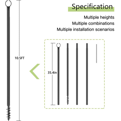 Diagram of 2 Pack Outdoor String Light Poles 10.5 Ft Spiral Screw In Stakes with multiple height specifications and parts view.