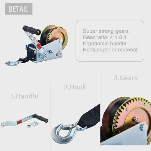 Heavy Duty 3200lbs Boat Winch Hand Crank With 32Ft Strap Two Speed Switchable Trailer Winch steel gears and ergonomic handle details
