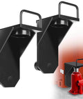 Two Pack Shipping Container Jack Lug Booster Lifter Leveler Kit for Container Homes and Storage Projects next to red container