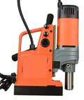 Heavy Duty Magnetic Drill Press 1400W Motor With 11 Piece Kit Portable Electric Boring Tool for Steel And Metal Work, side view, orange and gray design.