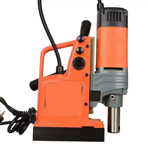 Heavy Duty Magnetic Drill Press 1400W Motor With 11 Piece Kit Portable Electric Boring Tool for Steel And Metal Work, side view, orange and gray design.