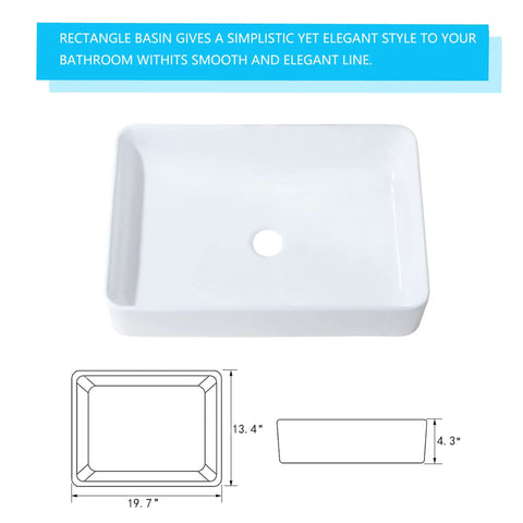 Vessel Bathroom Sink 20x14 Inch Rectangular Porcelain Ceramic Above Counter Modern Art Basin with measurements shown.