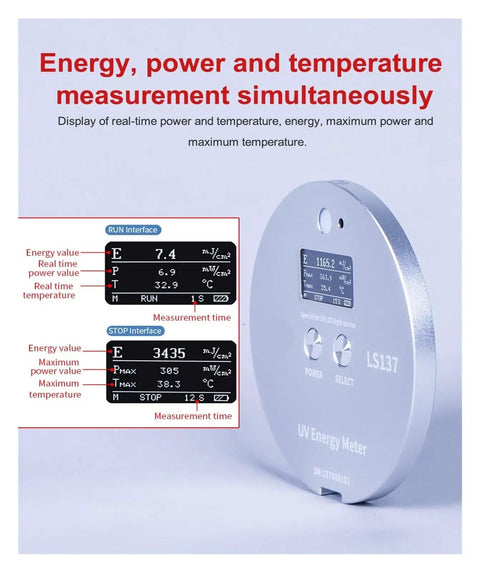 Ultra Slim UV Radiometer For UV LED Light Sources That Measures UV Intensity Energy And Temperature At The Same Time UVA Range 340 420nm Compact Portable Light Meter For Tight Spaces And Photography front view