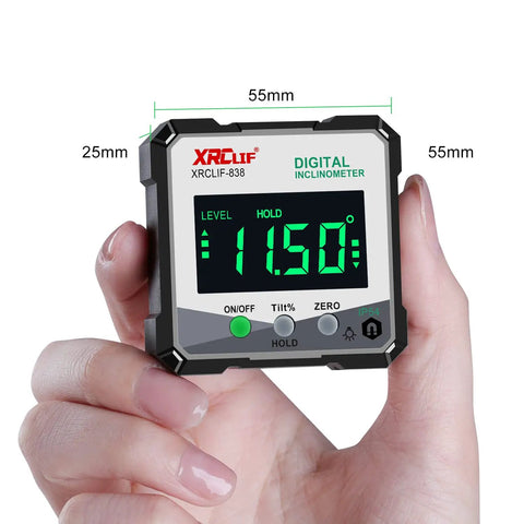 No Nonsense Digital Angle Gauge Meter delivering straight reads, held in hand, displaying 11.50° tilt for precise measurements.