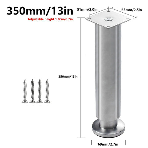 Adjustable Stainless Steel Furniture Legs Set of 4 Heavy Duty Modern Table Legs dimensions and screws visible