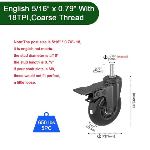 Diagram of 3 Inch Swivel Stem Caster Wheels Set Of 5 With 5/16-18UNC Threaded Stem showing dimensions and weight capacity.