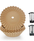 Stack of Extra Large Percolator Coffee Filters, 100 Count, Pre-Punched Holes For Even Brew shown with compatible 45-cup urns
