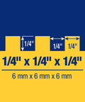 Diagram showing 1/4" x 1/4" x 1/4" dimensions for Comfort Grip Stainless Steel Tile Trowel Square Notch Pro Grade with metrics.