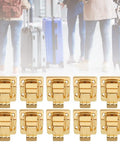 Old School Toggle Hasp Latches Set Gold Tone Metal Buckle Locks 28x40mm shown with travelers and luggage background