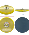 2-Pack 6 Inch Vinyl PSA Sanding Backing Pads For Power Drills, yellow disc with metal center and dimensions for quick tool swapping.