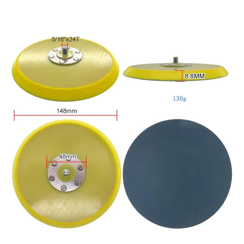 2-Pack 6 Inch Vinyl PSA Sanding Backing Pads For Power Drills, yellow disc with metal center and dimensions for quick tool swapping.