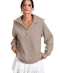 Woman wearing Oversized Fleece Lined Half Zip Sweatshirt With Pocket For Cozy Warmth And Comfort, Long Sleeve Pullover in Coffee Gray X Large