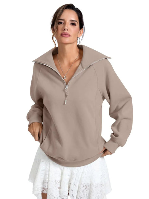 Woman wearing Oversized Fleece Lined Half Zip Sweatshirt With Pocket For Cozy Warmth And Comfort, Long Sleeve Pullover in Coffee Gray X Large