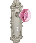 Old School Victorian Plate With Keyhole And Pink Waldorf Lead Crystal Door Knob Privacy Lockset For Two And Three Quarter Inch Backset Satin Nickel Finish Solid Brass Plates Complete One Door Set For Restoration Or Easy Modern Install