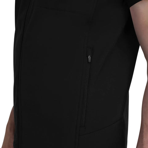 Close-up of Men's Heavy Duty Softshell Vest With Smooth Four Way Stretch And Plush Fleece Lining featuring a side zipped pocket.