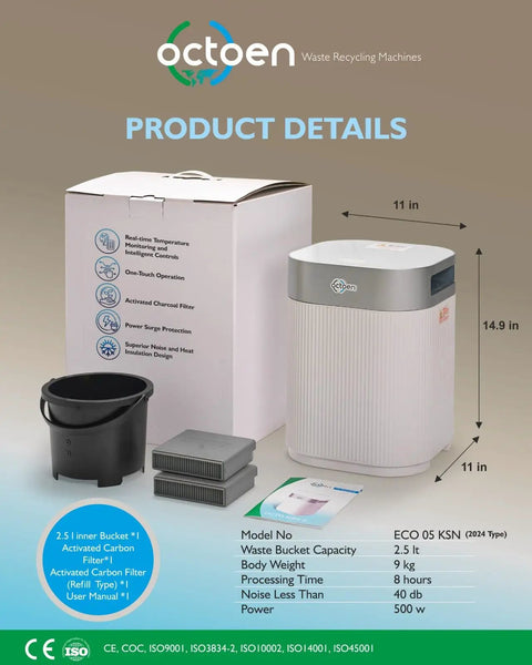 3L Electric Kitchen Composter With UV C Light Sanitizer And Auto Cleaning, includes filters and bucket, product details shown