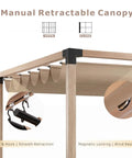 Close-up of manual retractable canopy with pulley and hook on Outdoor Pergola With Solar LED Lights, Waterproof UPF 50 Plus UV Resistant