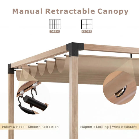 Close-up of manual retractable canopy with pulley and hook on Outdoor Pergola With Solar LED Lights, Waterproof UPF 50 Plus UV Resistant