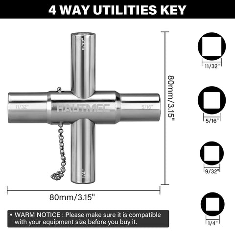 4 Way Sillcock Water Key, All In One Steel Tool For Sillcocks Faucets Valves And Spigots, Heavy Duty Nickel Plated with size chart