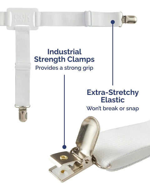 Close-up of adjustable elastic bed sheet holder with strong metal clips, emphasizing industrial strength and stretchiness.