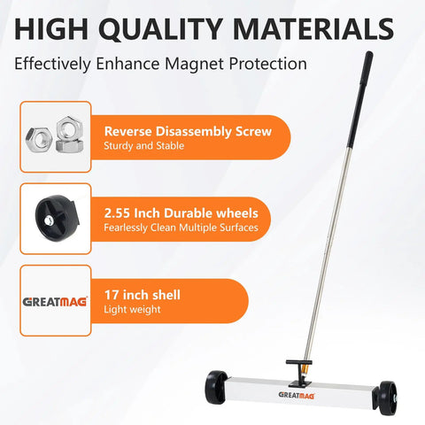 Rolling Magnetic Sweeper With Wheels 17 Inch Heavy Duty Magnetic Pickup Tool For Nails Screws And Ferrous Debris, Grabs Metal Fast For Yard And Lawn Cleanup With Quick Release Basket