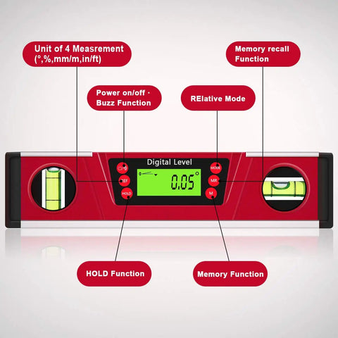 10 Inch Digital Level And Protractor With IP54 Inclinometer, Large LED Backlight Display, Magnetic V Groove Base features