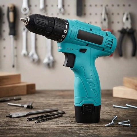 Built Tough 12V Cordless Drill With 25 Plus 1 Torque Settings And Dual Speed Modes in teal color on a workbench.