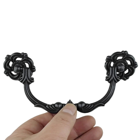 Four Pack Vintage Antique Black Droop Bail Drawer Pulls Six Inch Total Length With Four And A Quarter Inch Center Hole Spacing 108mm Rosette Diameter Forty Millimeters Zinc Alloy Rust Resistant Cabinet Knobs Handles