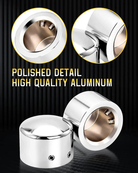 Chrome Front Axle Nut Covers For Harley Davidson Touring Softail Dyna VRSC Sportster And XL Models 2002 2024 Front Axle Caps shown