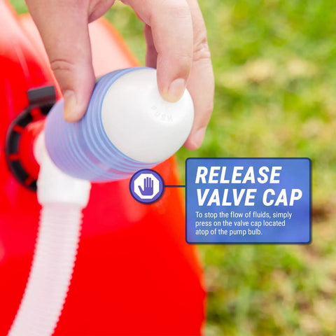 Close-up of Heavy Duty Manual Fuel Transfer Pump valve cap in use, illustrating fluid control mechanism for quick operation.