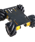 MC100 4WD Mecanum wheel car chassis with TT motors, black metal frame and yellow motors, four omni wheels (top view)