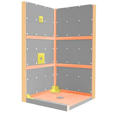 Waterproofing Membrane Roll 30 Mils Thick 5 In By 98.5 Ft Underlayment For Tile Floors Showers And Bathrooms Orange Polyethylene Fabric Waterproof Barrier Durable And Easy To Install installed in shower corner.