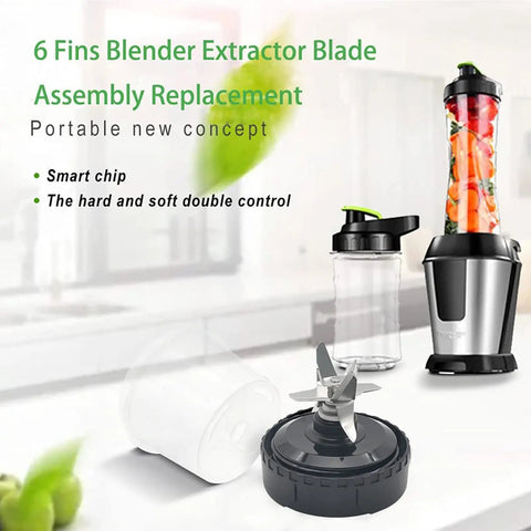 Image of Six Fin Blender Extractor Blade Assembly Replacement For 16oz Cups with blender and cup in kitchen.