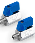 Two blue 1/8-inch 304 stainless steel ball valves with male/female NPT threads.